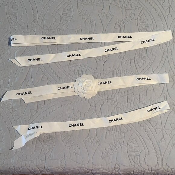 THREE Chanel Classic White Ribbons w/ Black Logo - (2) 34" + (1) 68" - Picture 1 of 6
